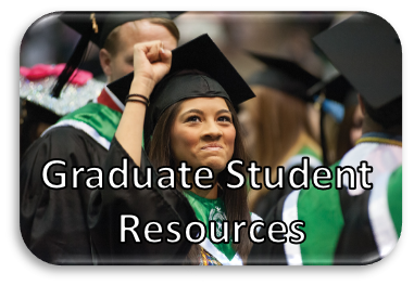 A photo of a student in graduation regalia with her fist in the air, Graduate Studies Resources written on the photo.
