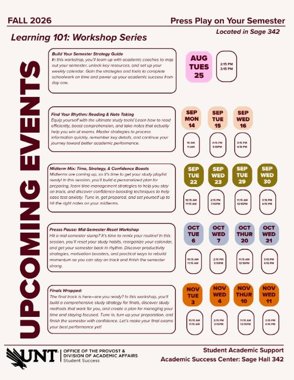 Flyer listing Learning 101 workshop dates for the Fall 2026 semester. The flyer provides a schedule of workshop sessions offered throughout the semester, including dates, times, and registration information for students interested in developing academic success and learning strategies.