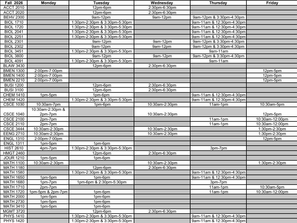 Weekly meeting schedule for selected Fall 2026 courses, displaying course availability and instructional time blocks by weekday to support registration planning and schedule coordination.