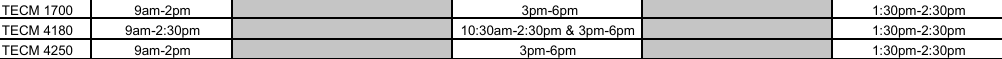 Weekly meeting schedule for selected Fall 2026 courses, displaying course availability and instructional time blocks by weekday to support registration planning and schedule coordination.