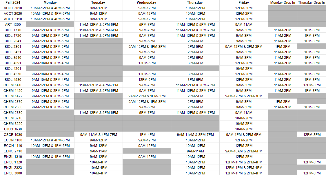 Fall 2024 Tutoring Schedule