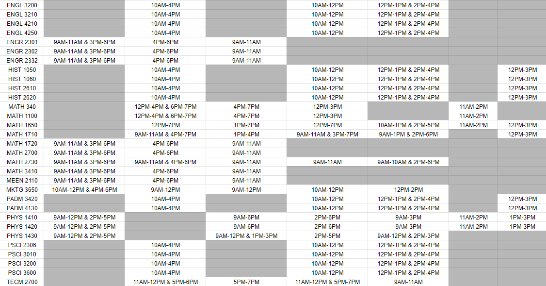 Fall 2025 Tutoring Schedule